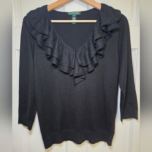 Ralph Lauren Black Ruffle Collar 3/4 Sleeve Silk Blend Blouse Top Shirt- Size M